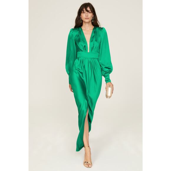 Ramy Brook Madeline Green Satin Plunge Neck Long Sleeve Gown Size 8 - Picture 1 of 16